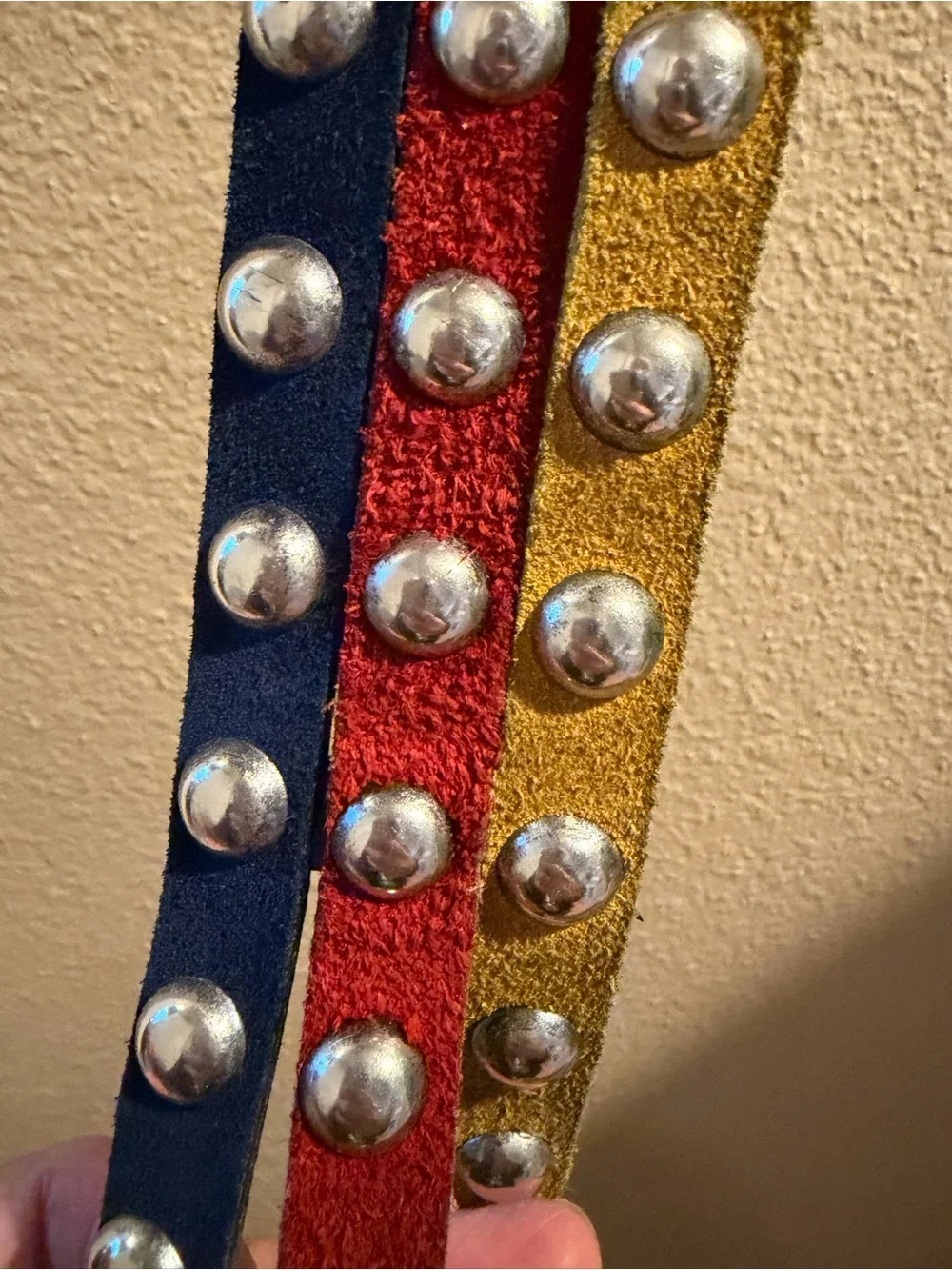 Vera Neumann Vintage 1980’s Leather Three Colors Navy Yellow Red Metal Stud Belt